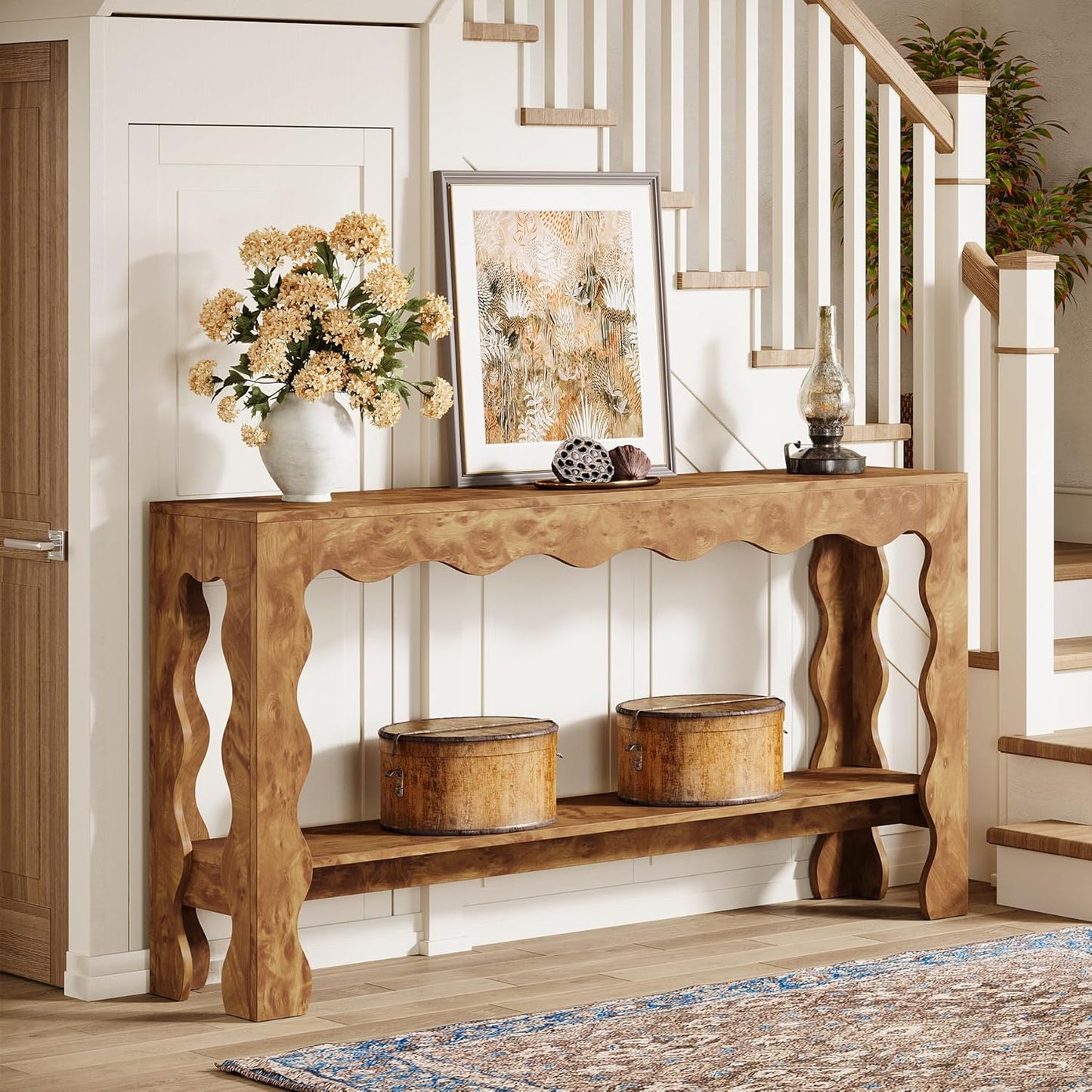 Console Tafel – Sidetable – Haltafel – Opbergmeubel – Banktafel – Lichtbruin – Smal en Lang – 2-laags Opbergruimte