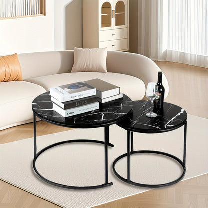 Nordic Salontafel – Woonkamer Tafel – Bijzettafel – Koffietafel – Set Van Twee – Zwart – Metalen Frame – Compact Formaat 45x45x70/38x38x50 cm
