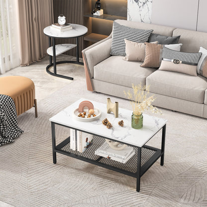 Salontafel – Woonkamertafel – Bijzettafel – Koffietafel – Tafelset – Kunstmarmeren Blad – Metalen Frame – 2-in-1 Rond en Rechthoekig – Opbergruimte
