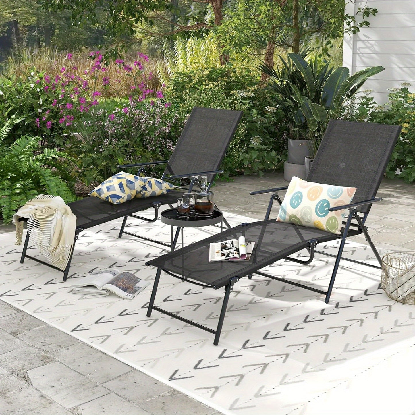 Ligstoel Buiten – Buitenzwembadstoel – Tuinligstoel – Verstelbare Ligstoel – Balkonligstoel – 6-Standen Verstelbare Rugleuning – Ademend Sneldrogend Materiaal – Zwart Metalen Frame – Set Van 2