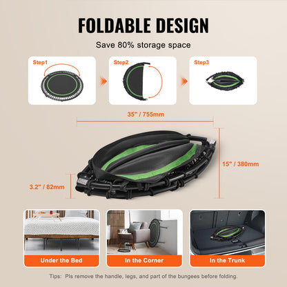 Mini Trampoline – Fitness Trampoline – Springkussen – Rebounder – Opvouwbare Trampoline 40 inch – Verstelbare Handgreep – Stevig Stalen Frame