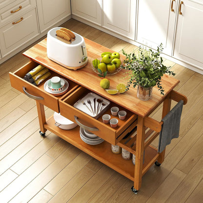 Keukentrolley – Keukenwagen – Servierwagen – Keukenbuffet – Mobiele Keukenwagen – Bruin Houten Frame – 2 Laden & 2 Open Planken – Grote Werkplek 106x44 cm – 4 Zwenkwieltjes Met Rem