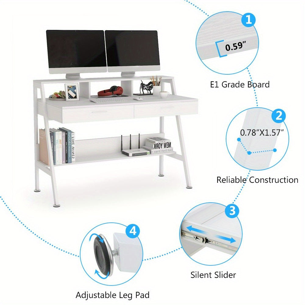 Bureau – Bureautafel – Computertafel – Werkplek – Schrijftafel – Wit Hout – Met Opbergruimte en Monitorstandaard – 120 cm Breed
