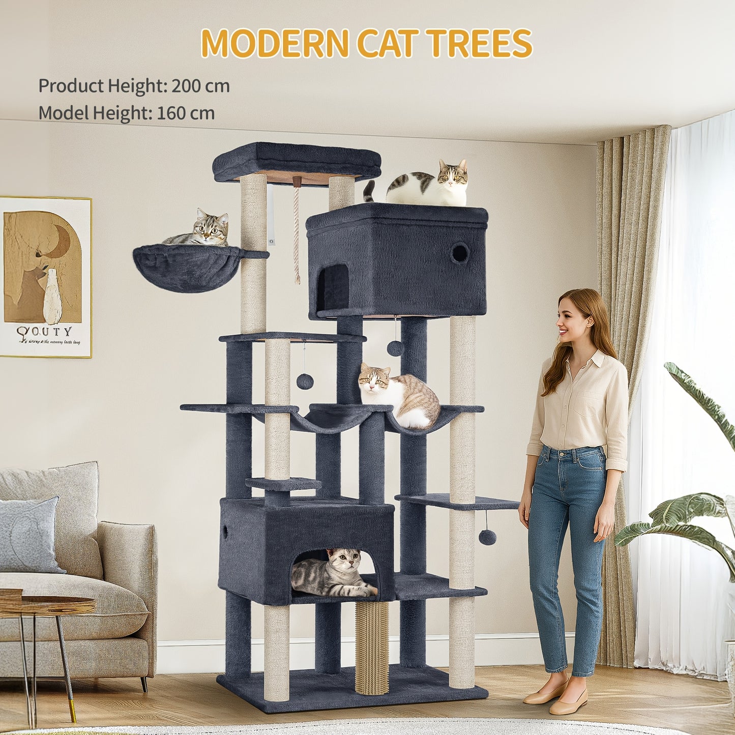 Cat Scratching Post 200cm XXL, Includes 10 Scratching Posts, 2 Cat Beds, 2 Hammocks, Large Platform, Cat Brush, Basket, Heavy-duty Cat Tree, Suitable for Maine Coons And Large Cats, Light Grey, Dark Grey, Beige, Pet Climbing - QUORE