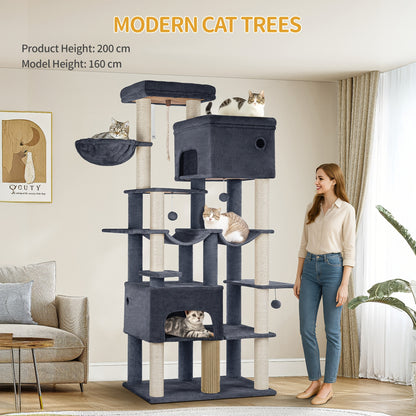 Cat Scratching Post 200cm XXL, Includes 10 Scratching Posts, 2 Cat Beds, 2 Hammocks, Large Platform, Cat Brush, Basket, Heavy-duty Cat Tree, Suitable for Maine Coons And Large Cats, Light Grey, Dark Grey, Beige, Pet Climbing - QUORE