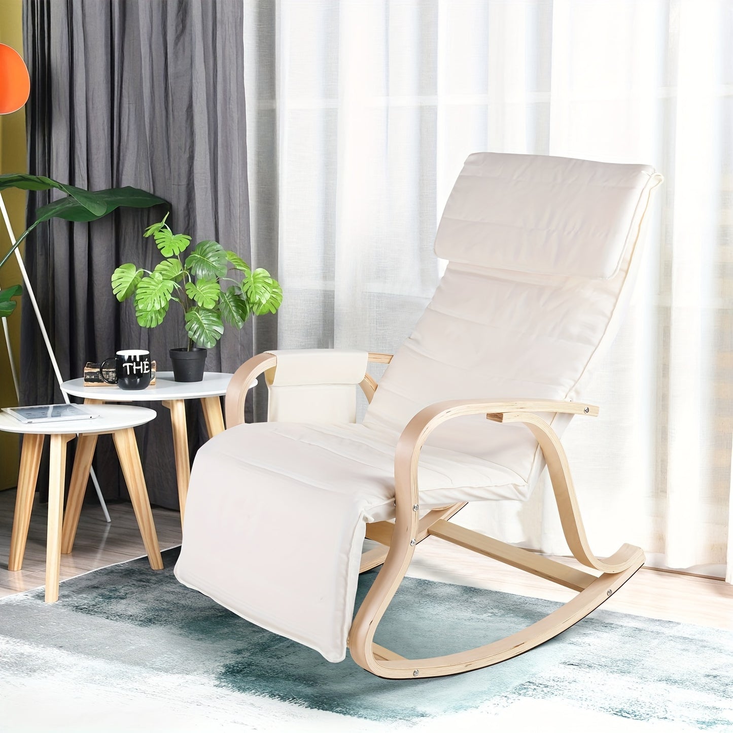 Schommelstoel – Schommelstoel Voor Woonkamer – Relaxstoel – Tuinstoel – Loungestoel – Verstelbare Rugleuning En Voetsteun – Wit Berkenhout Met Comfortabele Schuimvulling – Max 150 kg – 86 x 65 x 100 cm – Met Opbergtas En Vloerbescherming - Crèmewit