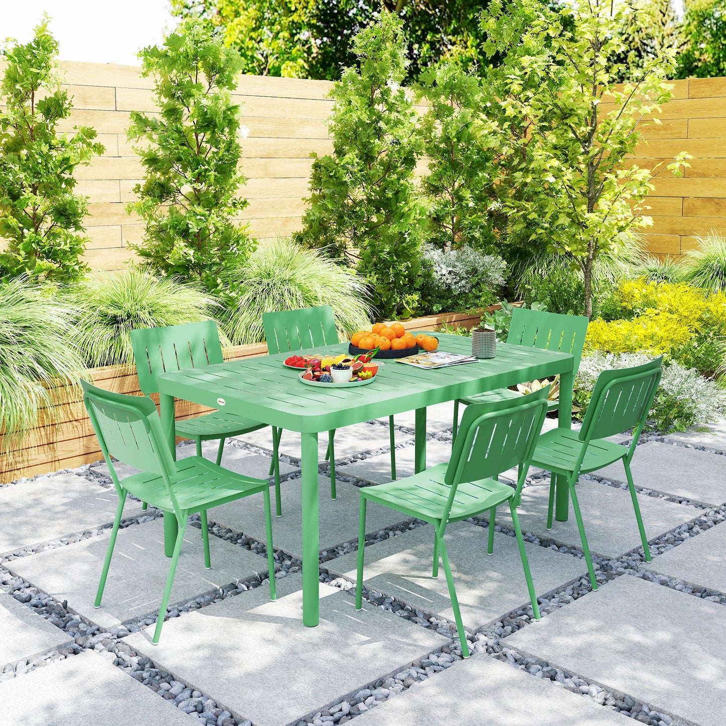 Tuinset – Tuinmeubel – Buitenmeubilair – Bistroset – Eettafelset – Groen – 7-delig – 150 cm Lattenblad – Roestvrij Gepoedercoat Staal