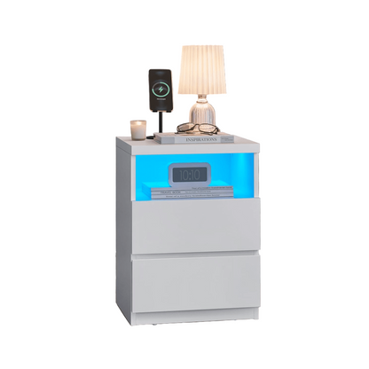Nachtkastje – Bijzettafel – Ladekast – Bedkast – Opbergkast – Cloud White – Verstelbare LED-verlichting – Hoogwaardig MDF, Ruime lades