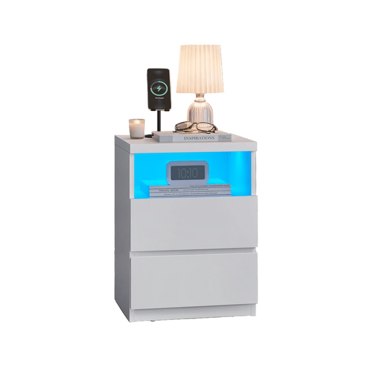 Nachtkastje – Bijzettafel – Ladekast – Bedkast – Opbergkast – Cloud White – Verstelbare LED-verlichting – Hoogwaardig MDF, Ruime lades