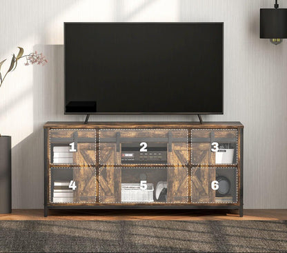 Tv-meubel – Tv-standaard – Tv-kast – Media Console – Tv-dressoir – Industrieel Modern – Houten Massief Hardhout – 6 Vakken Met Schuifdeuren