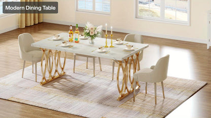 Eettafel – Tafel – Dinertafel – Keukentafel – Dining Table – Grote Witte & Gouden Rechthoekige Eettafel – MDF Marmerlook Blad – Stevig Metalen Frame 81,65 KG draagvermogen