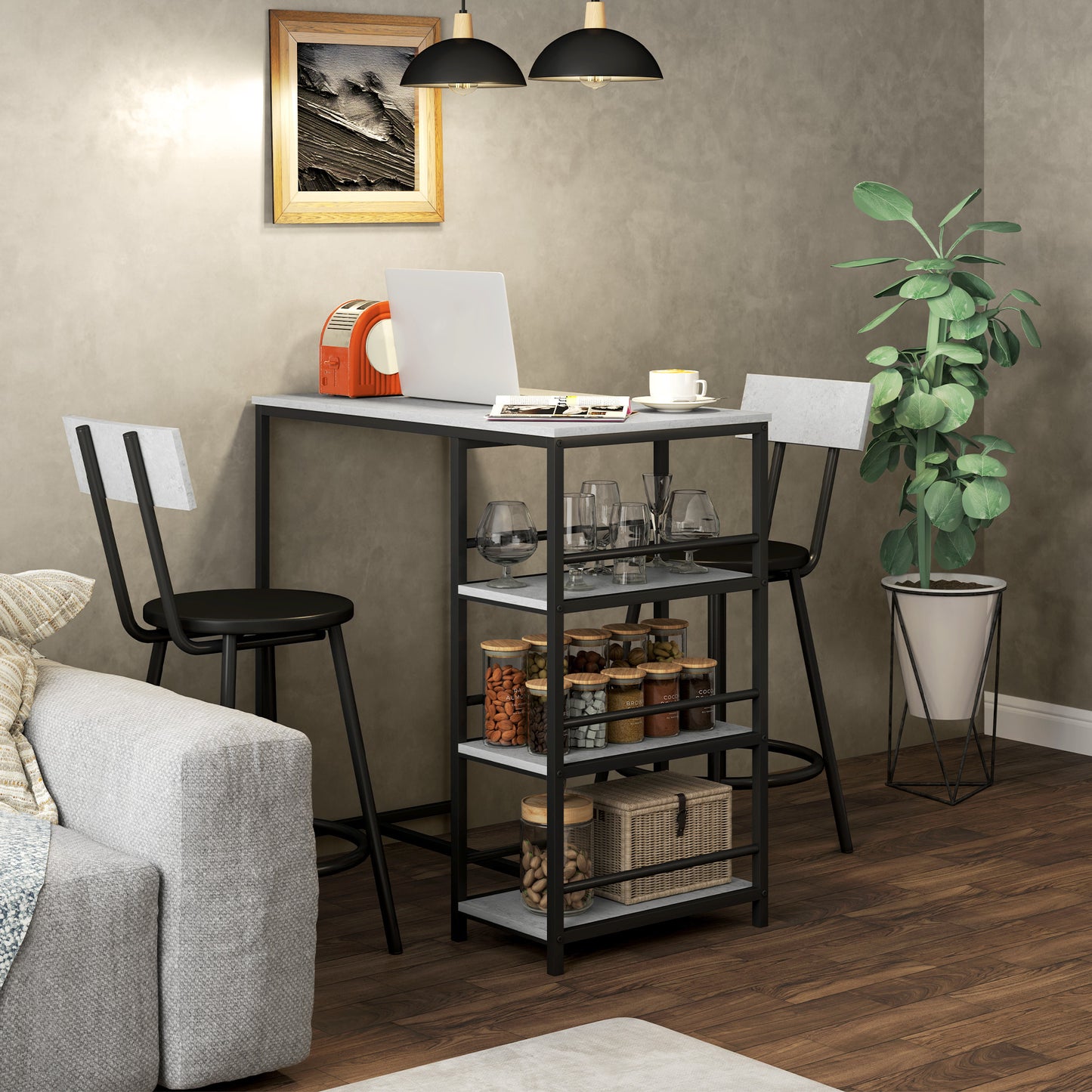 Barset – Bartafel – Barmeubel – Barstoelen – Hoge Eettafel – Lichtgrijs – Ruimtebesparend Design – Stalen Frame Met MDF Blad