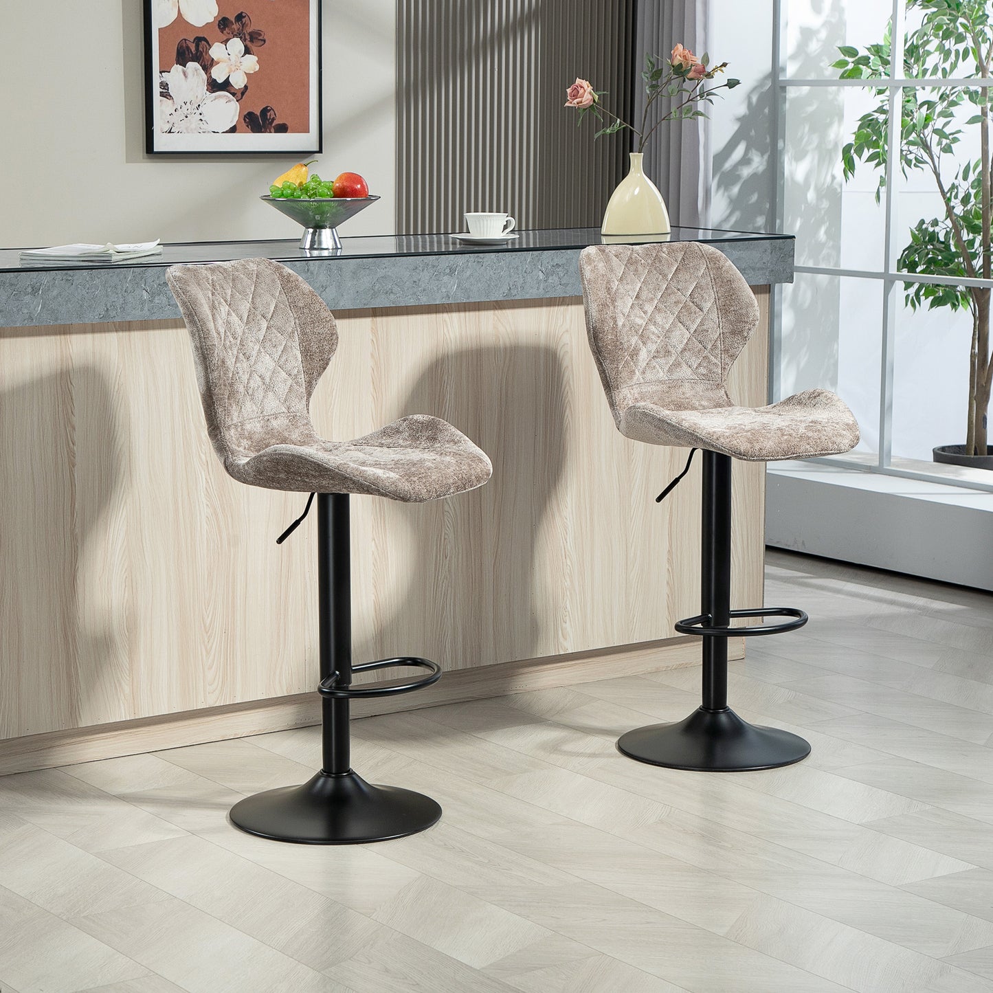 Barkrukken – Barstoelen – Keukenkrukken – Stoelen – Krukjes – Verstelbare Hoogte – 360° Draaibaar – Chenille Bekleding – Stalen Frame – Bruin – Set 2 Stuks