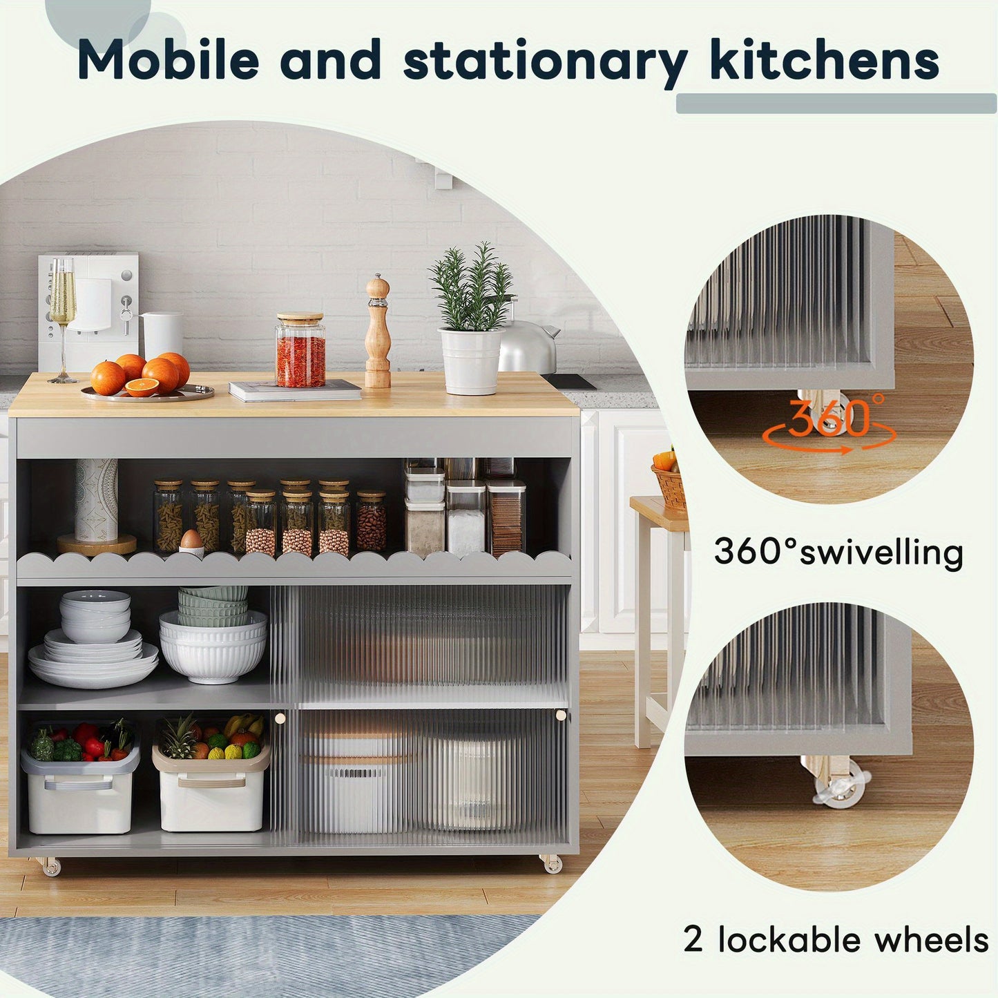 Keukenwagen – Keukentrolley – Keukenkast – Serveerwagen – Opbergwagen – Vouwbaar Eikenfineer Werkblad – Gehard Glas Schuifdeuren