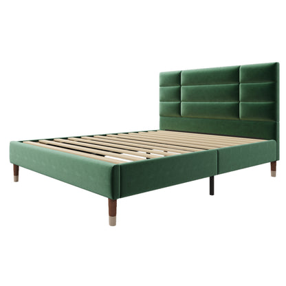 Double Bed with Slatted Frame - Dark Green Upholstered Headboard, Sturdy No-Assembly Bed Frame, Heavy-Duty Construction for Adults & Teens - Mattress Not Included - Ideal for Modern, Headboard Cover For Bed Padded, Headboard