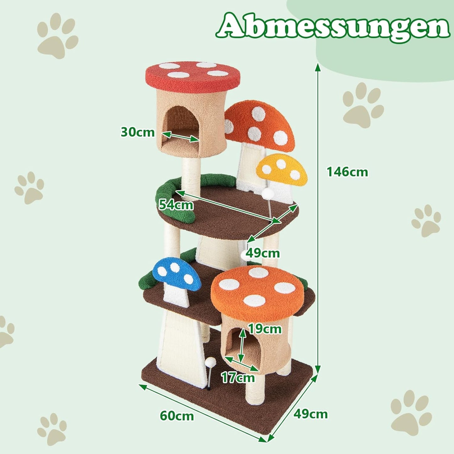 Krabpaal – Kattenboom – Kattenmeubel – Krabtoren – Krabhuis – 146 cm Hoogte – Sisal Krabpalen Met Interactieve Speeltjes