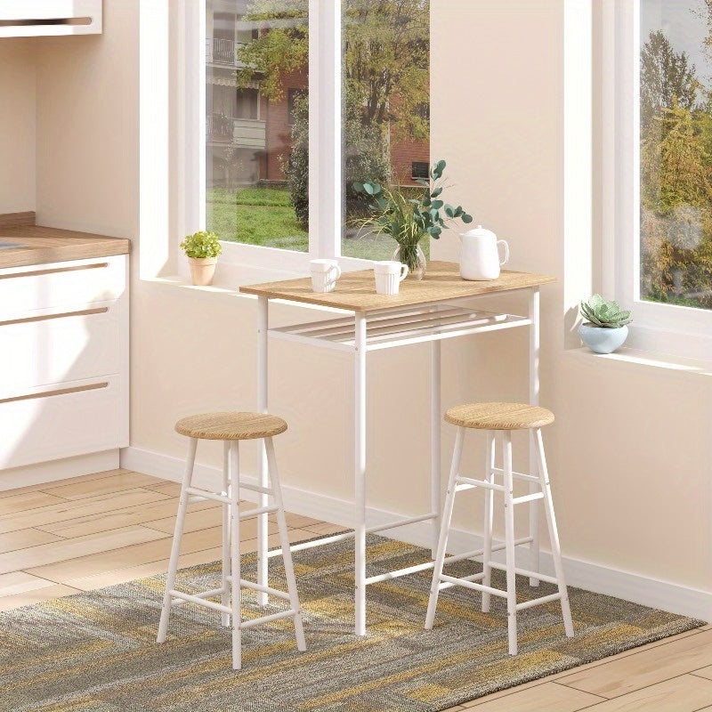 Eetkamertafel Set – Barset – Keukentafel – Ontbijttafel – Bistroset – Metaal Met Wit En Natuurlijk Eiken – Inclusief Opbergrek – Ruimtebesparend Design