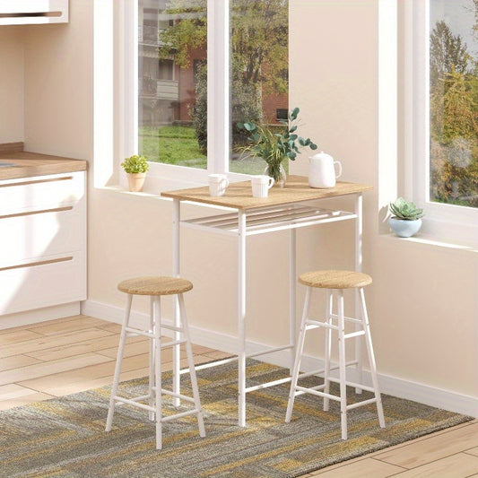 Eetkamertafel Set – Barset – Keukentafel – Ontbijttafel – Bistroset – Metaal Met Wit En Natuurlijk Eiken – Inclusief Opbergrek – Ruimtebesparend Design