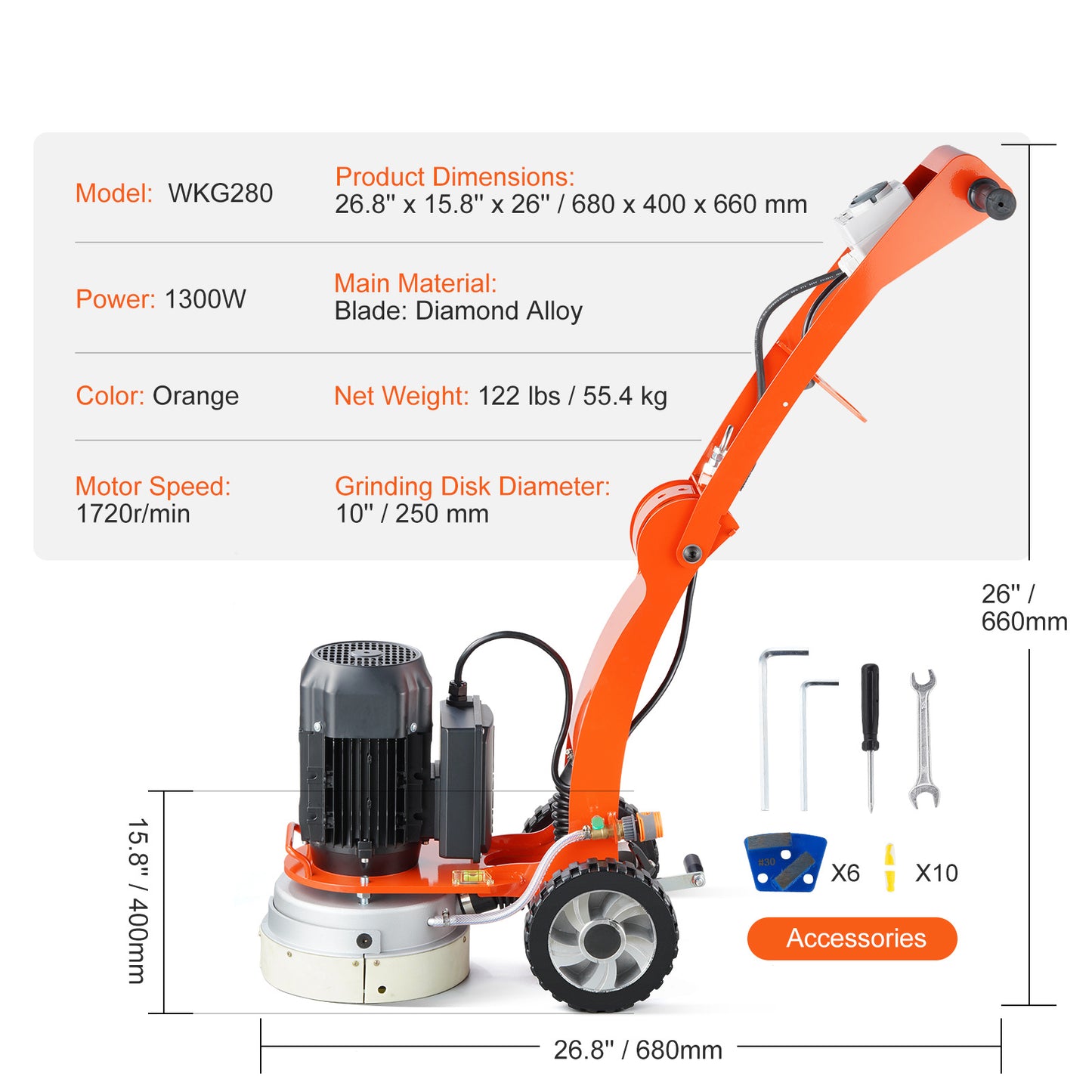 Elektrische Betonvloer Schuurmachine – Beton Slijpsteen Polijstmachine – Vloerschuurmachine – Vloerpolijstmachine – Metalen Variant – 3.0 HP Borstelloze Motor – Verstelbare Handgreep 86-117 cm