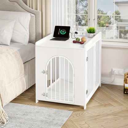 Hondenbench – Hondenkooi – Hondenhok – Hondenren – Dierenbench – Wit – Met USB Poorten En Stopcontacten – 2 Deuren Met Boogvormige Toegang – Geschikt Voor Middelgrote En Kleine Honden – 63x90x79 cm