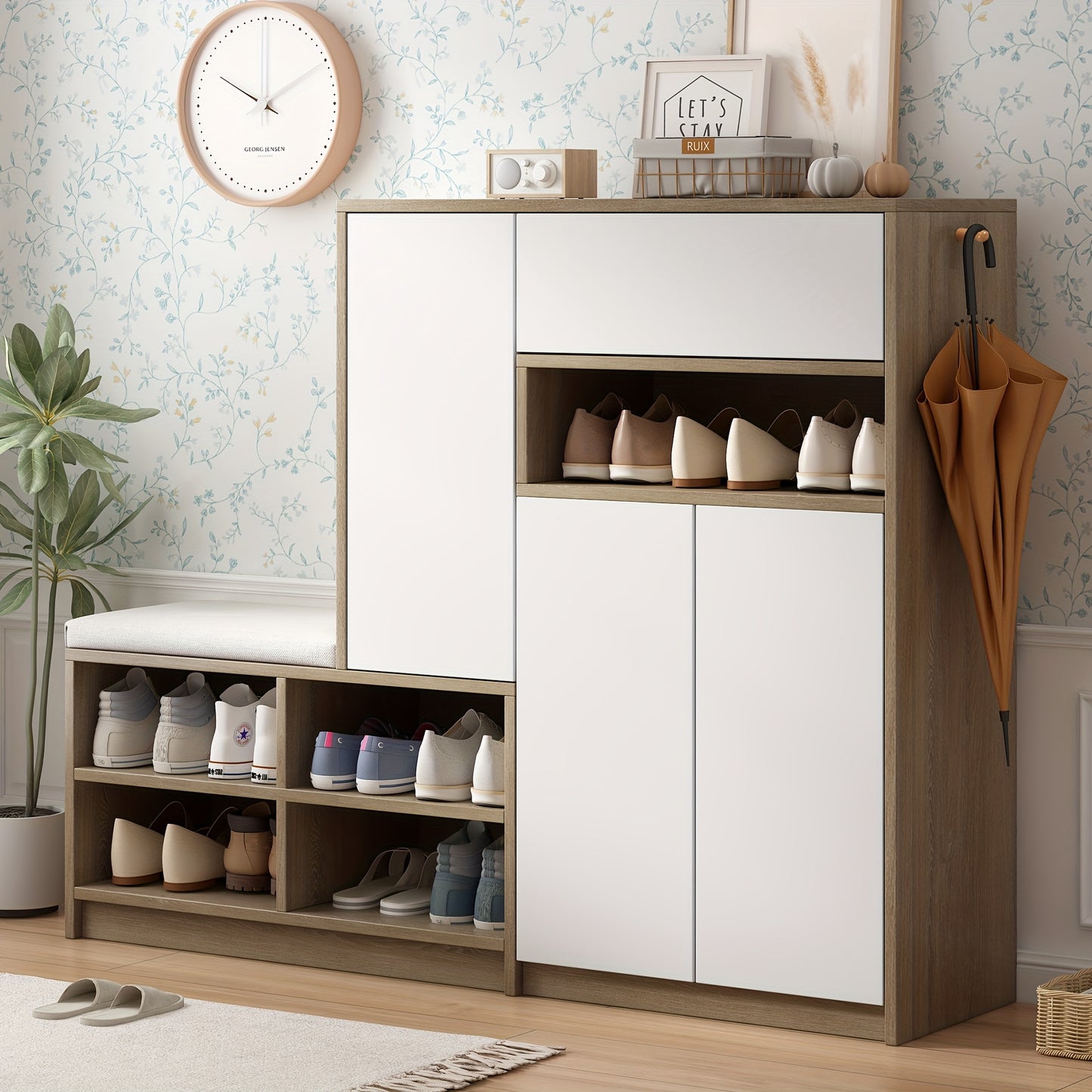 White Shoe Storage Bench & Cabinet with Padded Seat, Adjustable Shelves, and Open Compartment – Multifunctional Hardwood Shoe Organizer for Hallway or Entryway, Contemporary Design, 140cm W x 35cm D x 110cm H, Entryway Furn