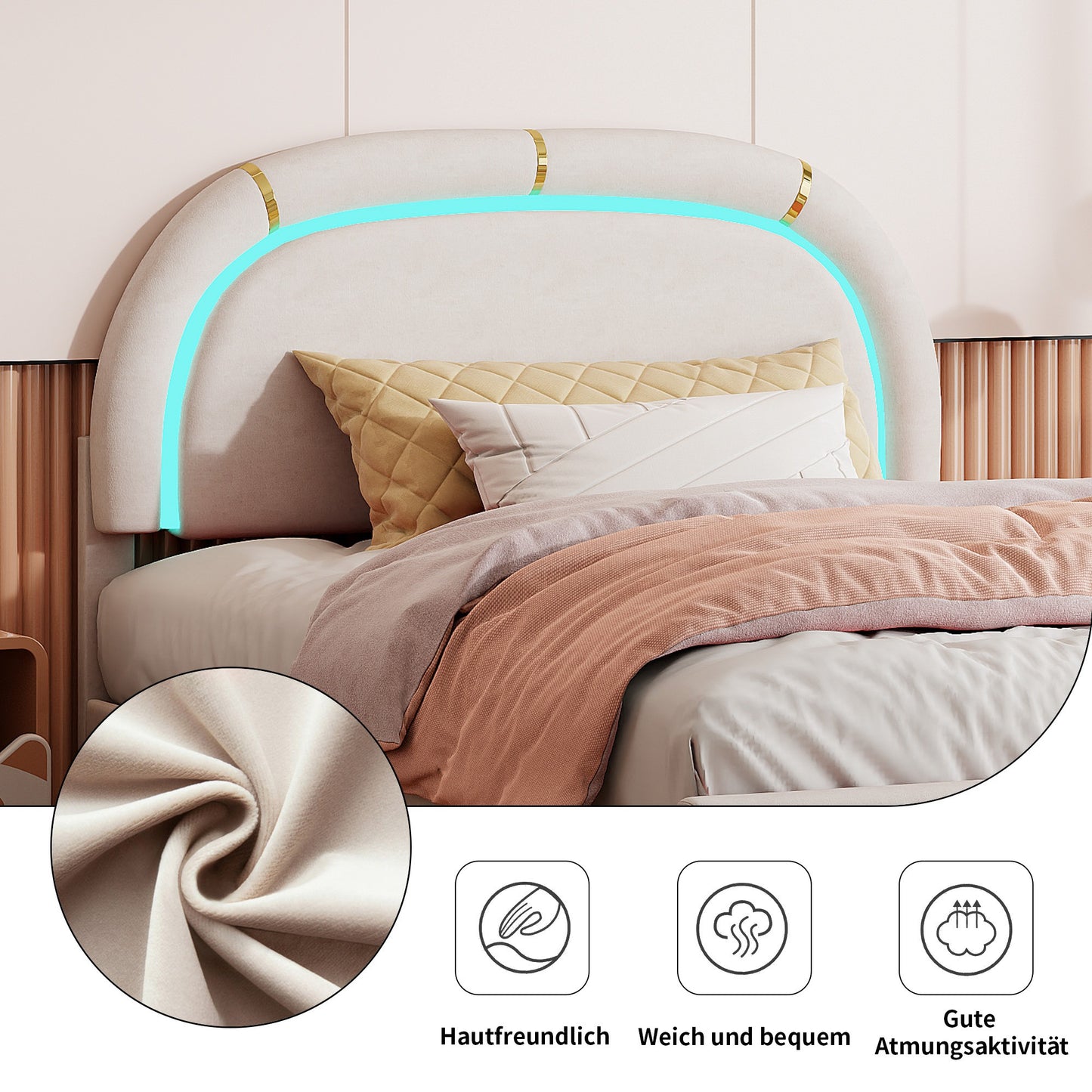Upholstered Bed 140x200, Double Bed with Semi-Round Headboard, Adjustable Headboard, Storage Bed with 2 Drawers, Bed with Slatted Base, Single Bed, Beige