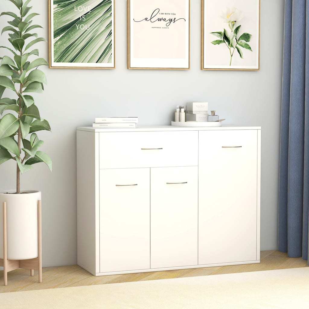 Dressoir – Kast – Opbergkast – Ladekast – Zijpaneelkastje – Wit – 88x30x70 cm – Massief Hout & Spaanplaat – Vloermontage