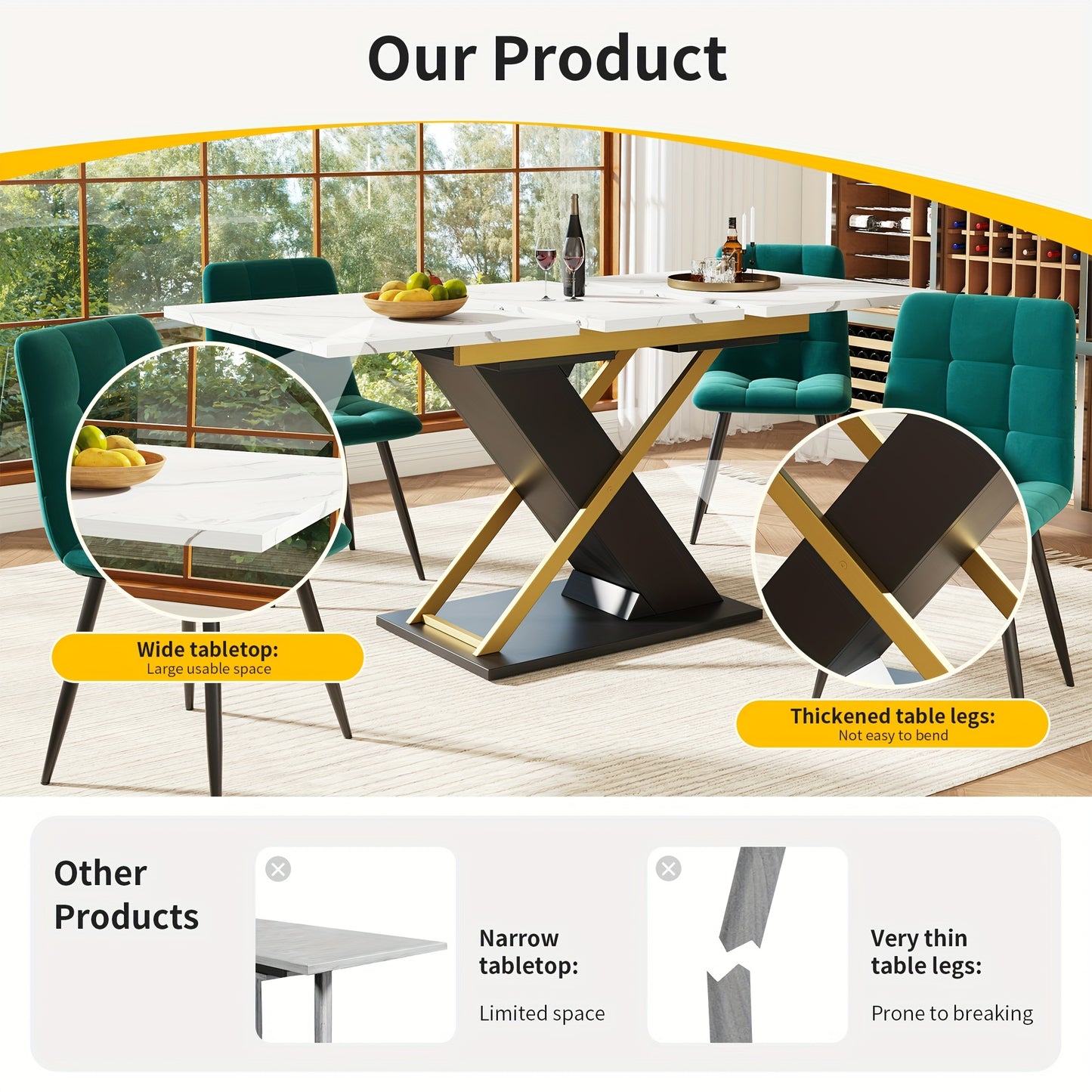 Uitklapbare Eettafel – Uitschuifbare Tafel – Verlengbare Eettafel – Klaptafel – Keukentafel – 120-160x80 cm – MDF Met Gouden Kruispoten