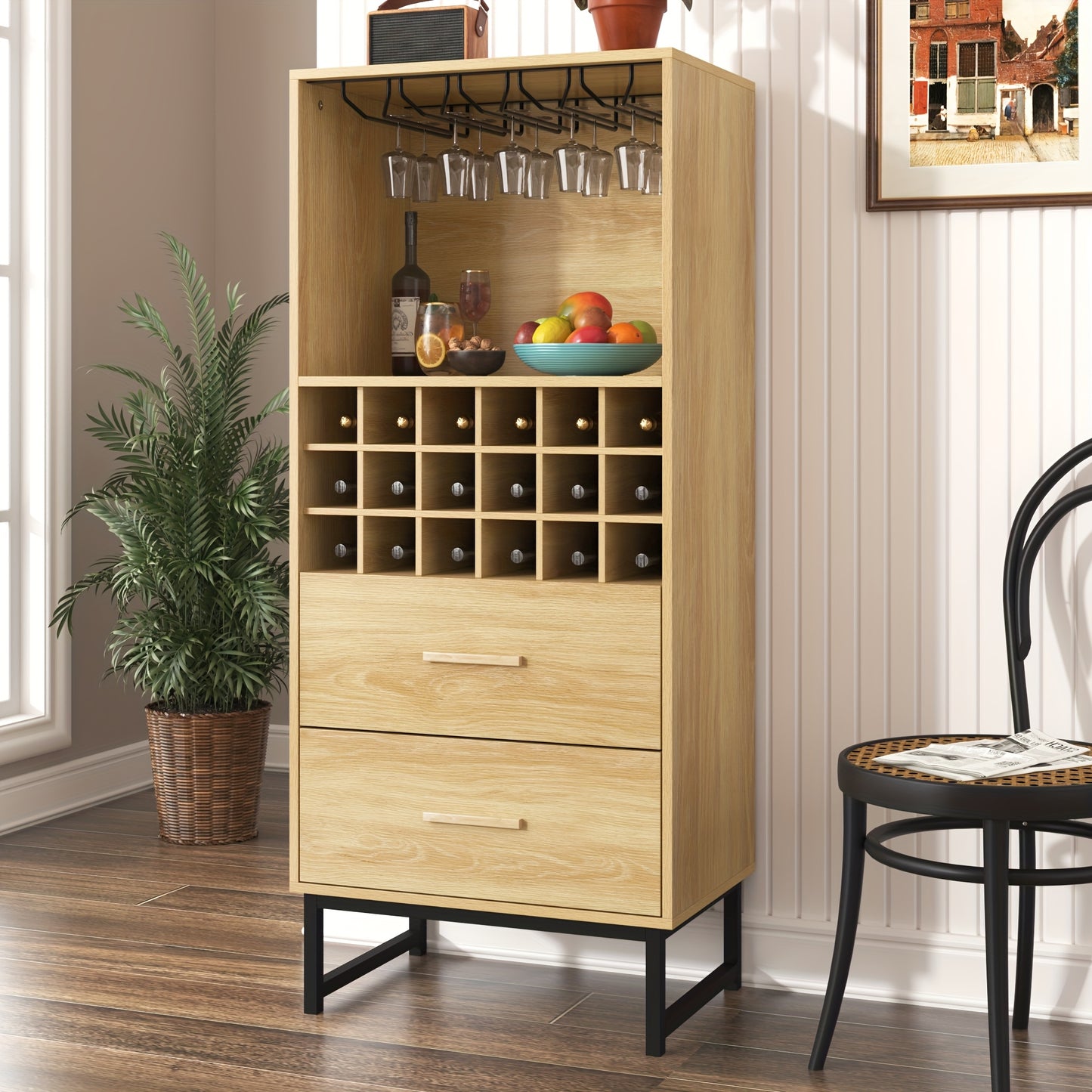 Wijnrek – Wijnkast – Flessenrek – Wijnopslag – Wijnfleshouder – Beige Houten Design – 18 Vakken Met 2 Lades – Matte Zwarte Metalen Pootjes