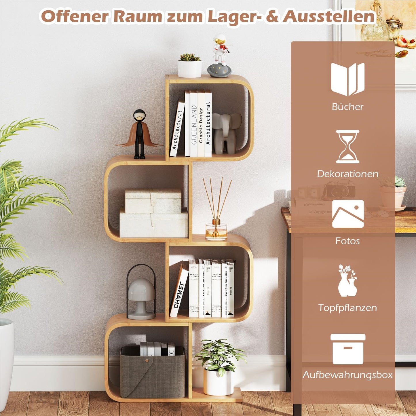 S-Shaped Bookshelf, Bamboo Cube Shelf, Geometric Decorative Shelf for Living Room, Study, Office