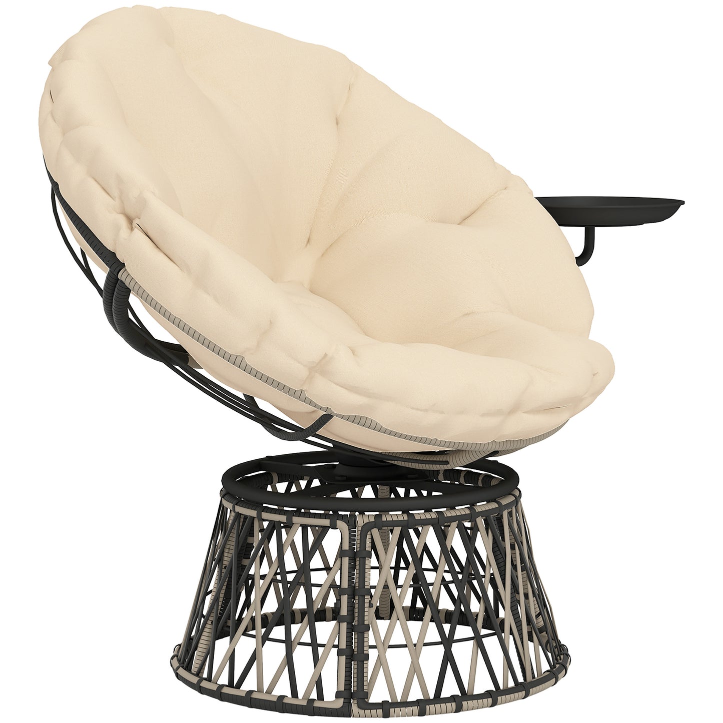 Rattan Fauteuil – Rotan Stoel – Papasan Stoel – Draaifauteuil – Tuinstoel – 360° Draaibaar – Dik Beige Kussen 90 cm Diameter