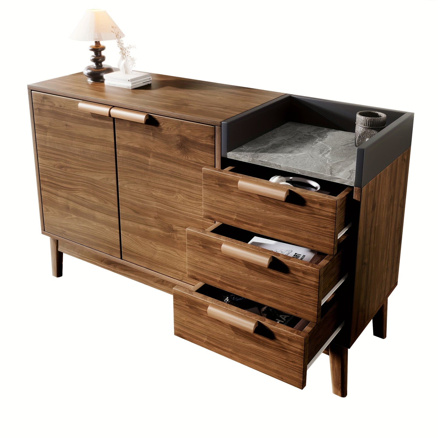 Modern Oak Grain Living Room Storage Cabinet with Marbleized Countertop, 3 Drawers & Double Door Cabinet - Heavy-Duty Metal Construction, Adjustable Height Shelves, Robot Vacuum Friendly, Spacious Storage (≥3.2 Cu Ft), Cont