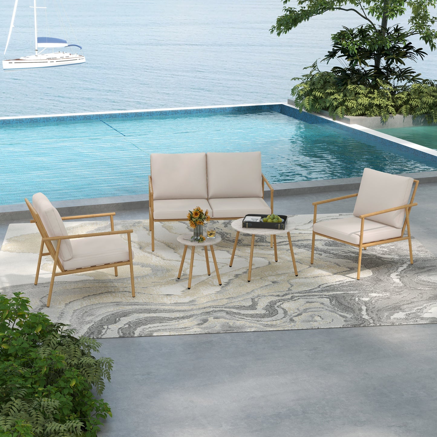 Tuinset – Tuinmeubelset – Loungeset – Balkonset – 5-delige Tuinmeubelset – Crèmekleurig – Gepoedercoat Stalen Frame – Marmerlook Tafelbladen