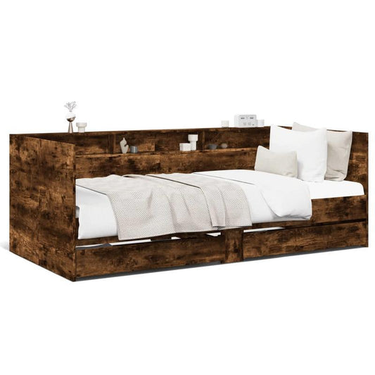 Slaapbank – Bank – Daybed – Logeerbed – Sofa Cama – Met Opberglades – Massief Hardhout – Ruimtebesparend 75x190 cm – Donker Eiken Afwerking