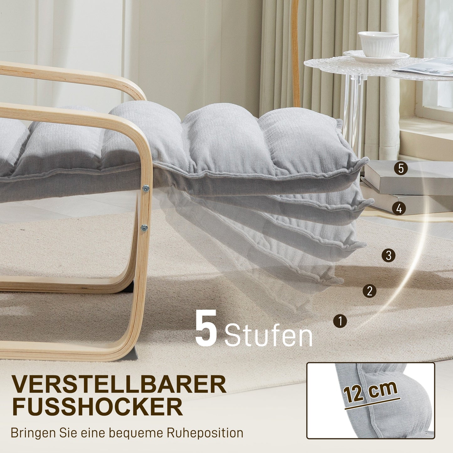 Loungestoel – Fauteuil – Relaxstoel – Leunstoel – Zithoekstoel – Massief Berkenhout – Verstelbare Voetensteun – Lichtgrijze Stoffering – Modern Design