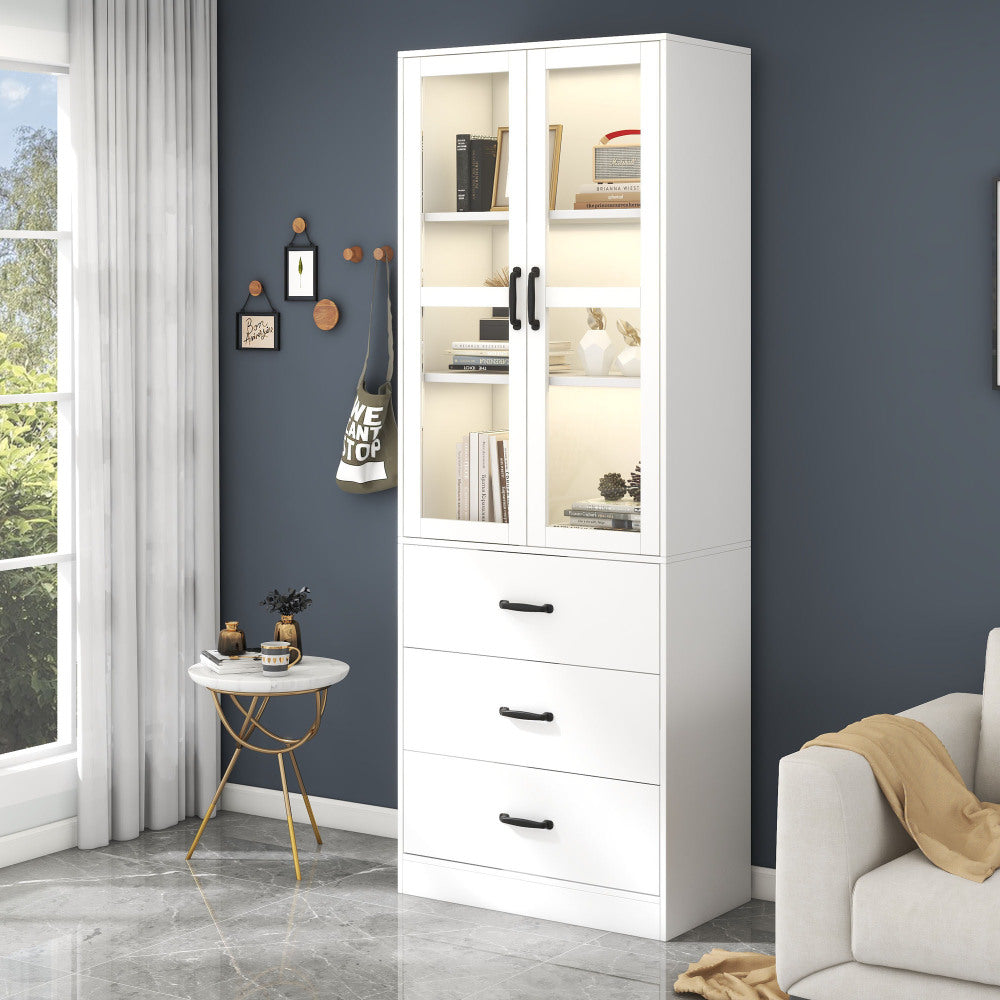 Vitrinekast – Glazen Kast – Opbergkast – Wandvitrine – Standkast – Wit – 200 cm Hoog – 3 Lades & Verstelbare Planken