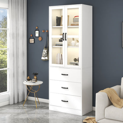 Vitrinekast – Glazen Kast – Opbergkast – Wandvitrine – Standkast – Wit – 200 cm Hoog – 3 Lades & Verstelbare Planken