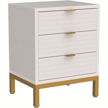Nachtkastje – Bijzettafel – Bedside Table – Opbergkast – Nachtkast – Wit Gouden Afwerking – 3 Lades – E1 Spaanplaat Met Metaal