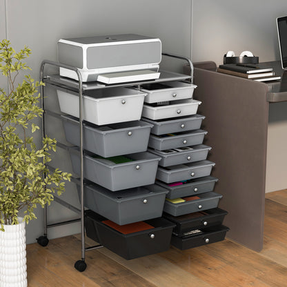 15-laden Opberwagen – Rollende Gereedschapswagen – Opbergtrolley – Organizer – Utility Cart – 15 Verwijderbare Laden – Vergrendelbare Zwenkwielen – Zwart Metalen Frame
