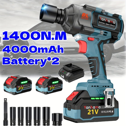 Slagmoersleutel – Impact Wrench – Dopsleutel – Elektrische Momentsleutel – Accuboormachine – 1400 Nm Koppel – 2x 21V 4000mAh Batterijen – Draadloos Met LED-Verlichting – Drie Snelheidsinstellingen – Blauw