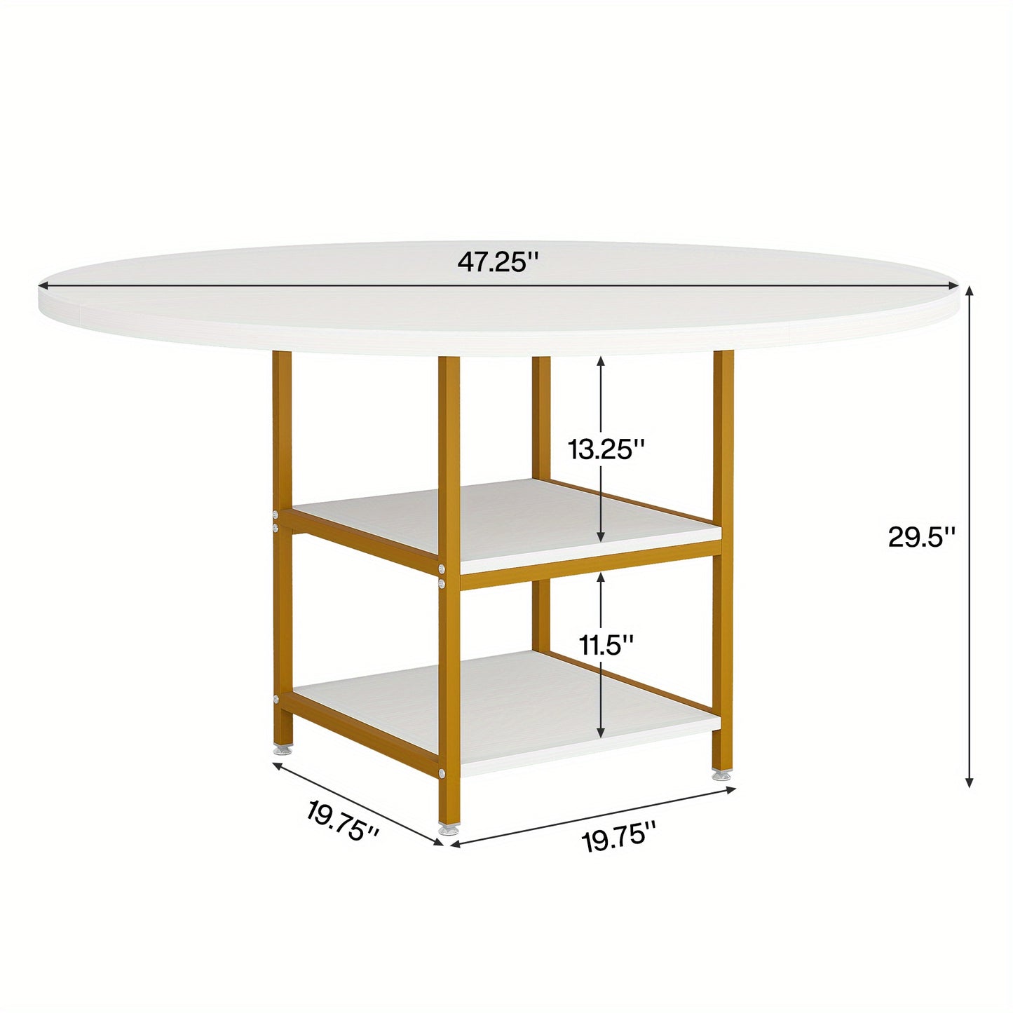 Eettafel – Ronde Tafel – Keukentafel – Eetkamertafel – Tafel – 4 Personen – 2 Opbergplanken – Gouden Metalen Poot – Wit MDF – Hittebestendig Blad – Verstelbare Voetjes
