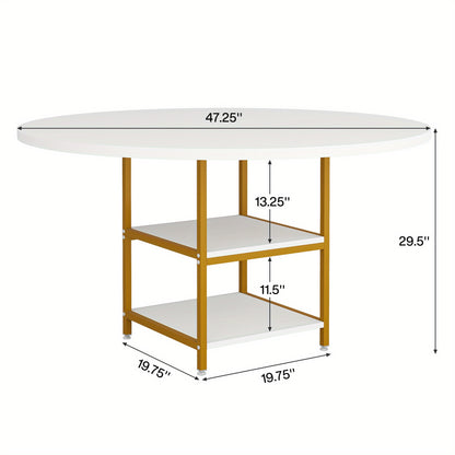 Eettafel – Ronde Tafel – Keukentafel – Eetkamertafel – Tafel – 4 Personen – 2 Opbergplanken – Gouden Metalen Poot – Wit MDF – Hittebestendig Blad – Verstelbare Voetjes