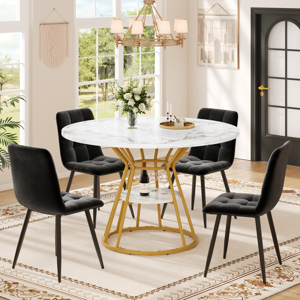 Eettafel – Eetkamertafel – Keukentafel – Ronde Tafel – Ontbijttafel – Rond Marmerprint Wit Blad – Gouden Metalen Poten – Ruimtebesparend – Duurzaam MDF & Metaal
