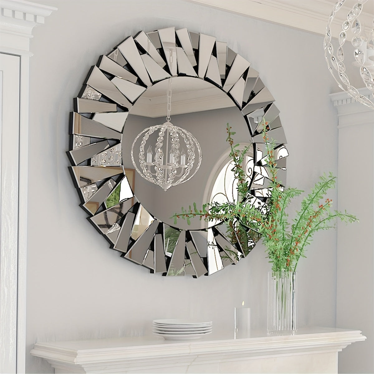 Decoratieve Ronde Spiegel – Wandspiegel – Accentspiegel – Badkamerspiegel – Woonkamer Spiegel – 80x80 cm – Silvery Glas – Zonnestraal Design