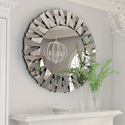 Decoratieve Ronde Spiegel – Wandspiegel – Accentspiegel – Badkamerspiegel – Woonkamer Spiegel – 80x80 cm – Silvery Glas – Zonnestraal Design