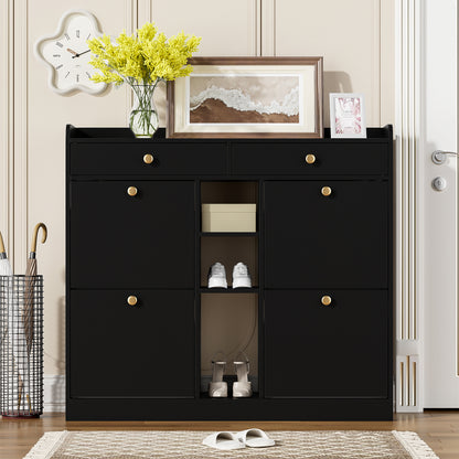 Schoenenkast – Schoenenopberger – Schoenenrek – Schoenenmeubel – Schoenenkast Zwart – Compact Ontwerp 110x26x100 cm – Vier Klepdeuren Met Lades