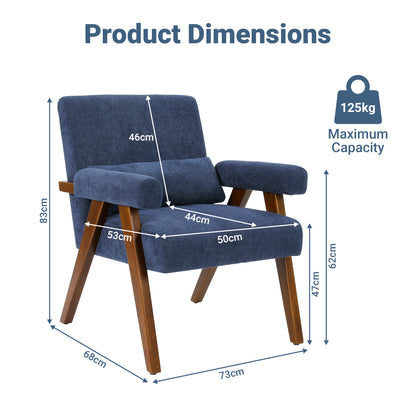 Fauteuil – Accentstoel – Relaxstoel – Loungefauteuil – Zithoekstoel – Massief Houten Frame – Comfortabele Katoenen Bekleding – Inclusief Rugkussen – Blauw
