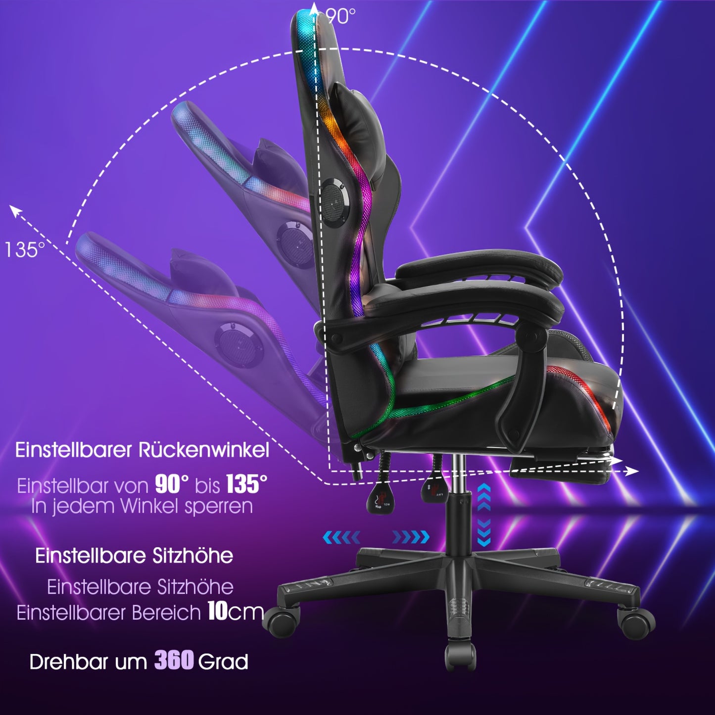 Gamingstoel – Bureaustoel – Draaistoel – Ergonomische Stoel – Zwarte RGB Verlichting – Verstelbare Rugleuning 135° – Memory Foam Zitting