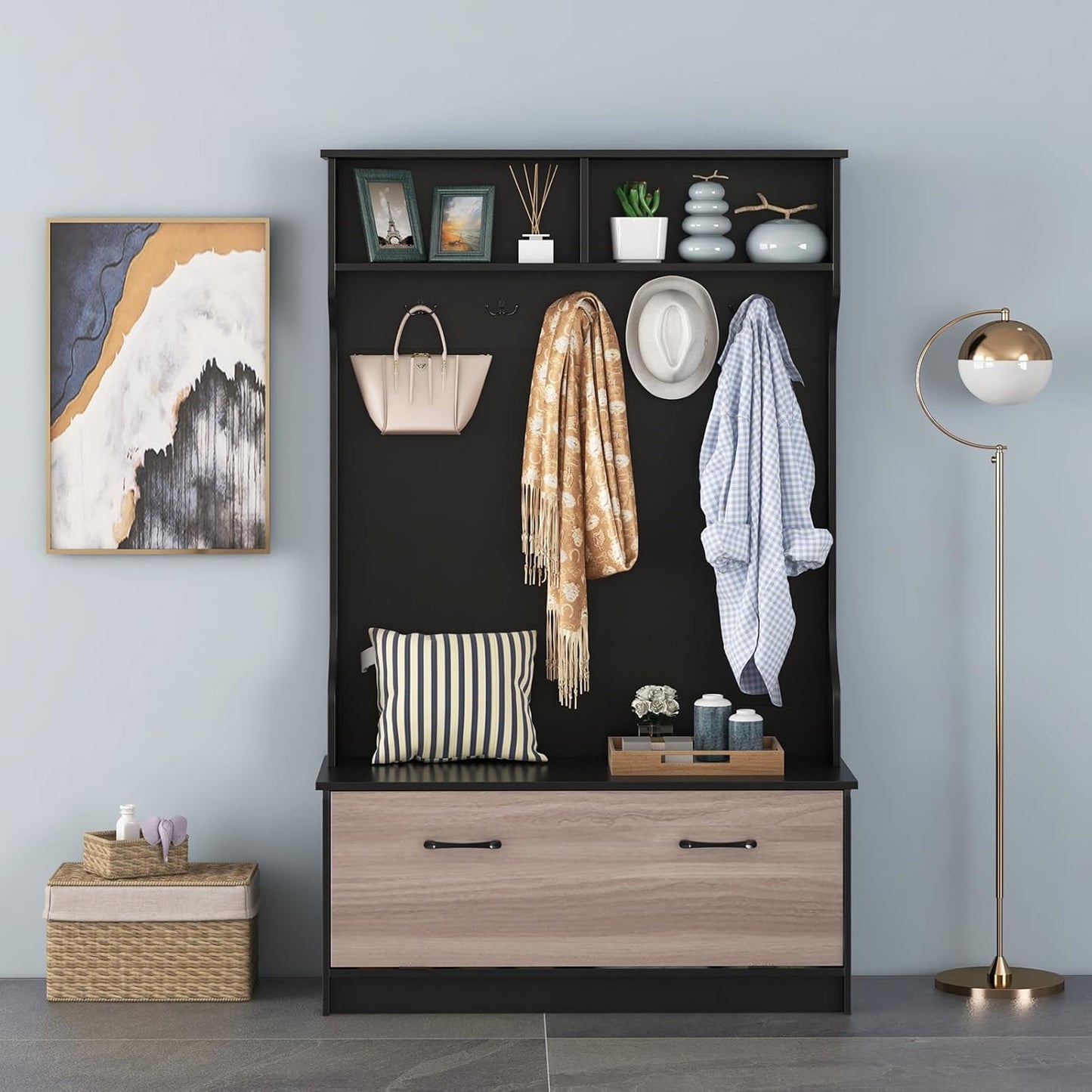 Hall Tree – Kapstok – Schoenenkast – Garderoberek – Halmeubel – Met 5 Dubbele Haken – Met Opbergbank Met 90 kg Draagvermogen – Zwart