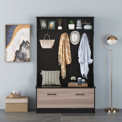Hall Tree – Kapstok – Schoenenkast – Garderoberek – Halmeubel – Met 5 Dubbele Haken – Met Opbergbank Met 90 kg Draagvermogen – Zwart